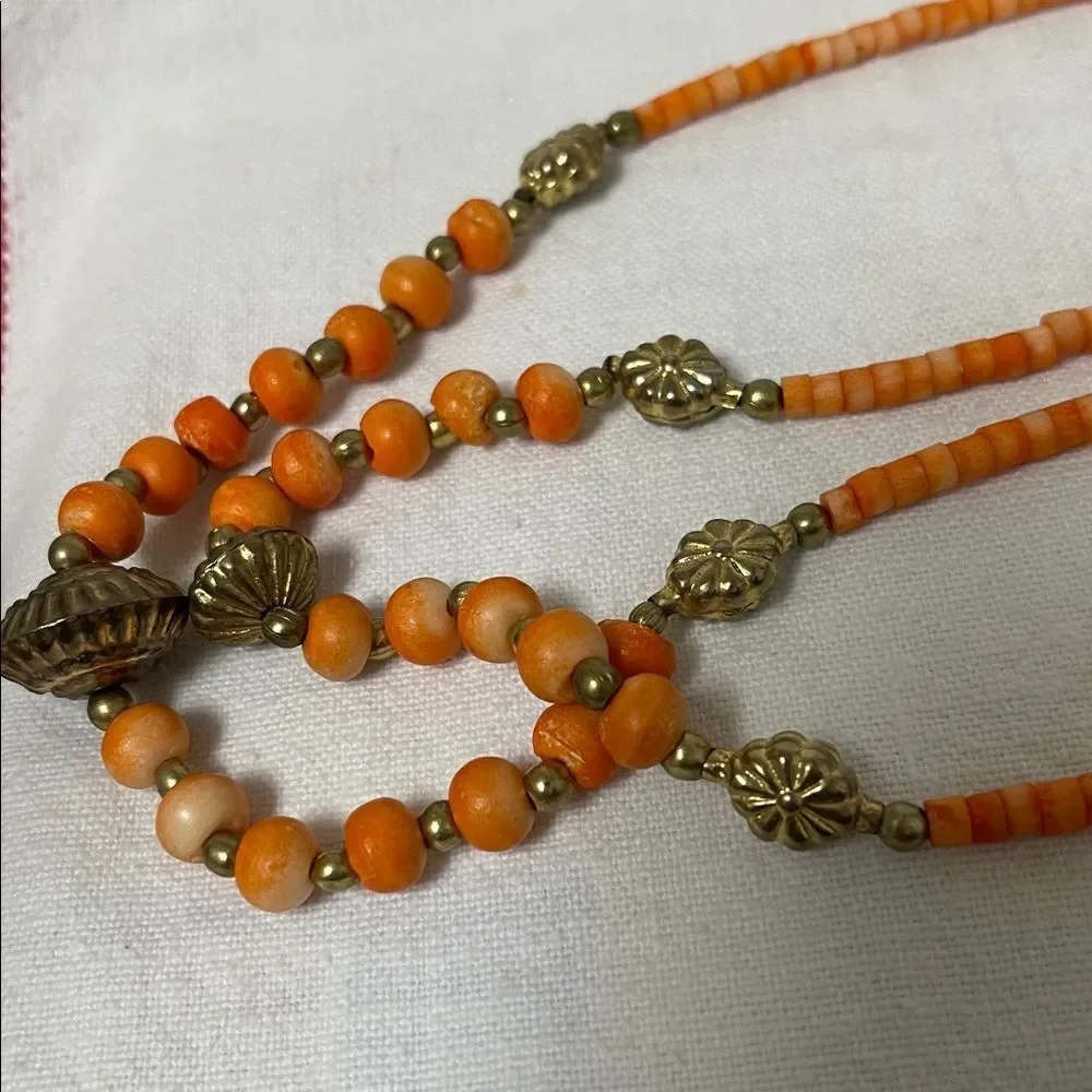 Vintage Orange Beaded Necklace with Gold Accents 14” long.